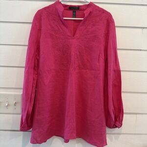 Lauren Ralph Lauren Women's Plus Size‎ 1x 100% Linen Long Roll Tab Sleeve Tunic